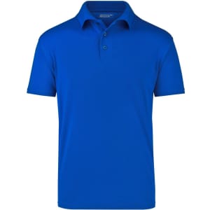 A blue polo shirt featuring a collar, buttons, and a small logo.