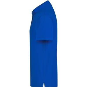 A blue polo shirt is displayed, featuring a collar and short sleeves, with a logo on the side.