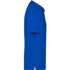 A blue polo shirt with a side view, featuring short sleeves and a collar. The shirt has a branding logo.