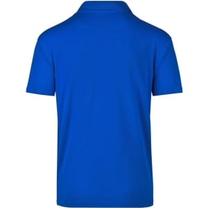A blue polo shirt with a collar and short sleeves, featuring a branding logo.