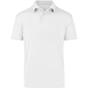 A white polo shirt featuring a collar, three buttons, and a small logo on the chest area.