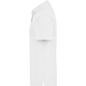 A white polo shirt featuring short sleeves and a collar, with a logo on the chest.