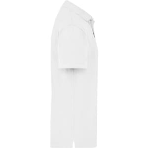 A white polo shirt with a collar and short sleeves, featuring a logo on the chest.
