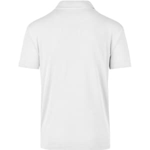 A plain white polo shirt with a classic collar and short sleeves, featuring a logo on the back.