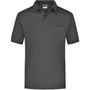 A grey polo shirt with a collar, short sleeves, and a chest pocket, featuring a brand logo.