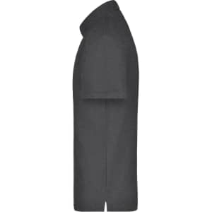 A dark grey polo shirt with a pocket, featuring a collar and short sleeves. It has a branding logo.