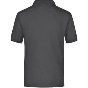 A dark grey polo shirt featuring a collar and short sleeves, with a logo on the back.