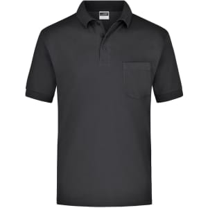 A black polo shirt featuring a front pocket and a collar, with a branded logo on the label.