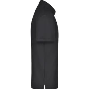 A black polo shirt with short sleeves and a collar, featuring a pocket and a logo.