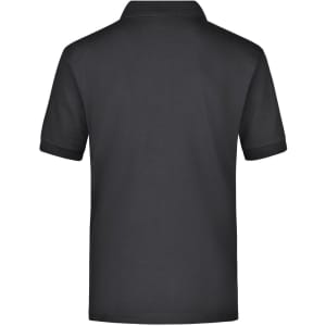 A black polo shirt featuring a collar and short sleeves, with a small logo on the chest area.
