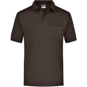 A brown polo shirt featuring a pocket and short sleeves, with a logo on the chest area.