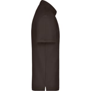A brown polo shirt with a collar and short sleeves, featuring a side view and a logo.