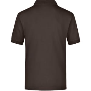 A dark brown polo shirt with a collar and short sleeves, featuring a logo on the back.