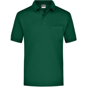 A green polo shirt featuring a pocket and a collar, designed for casual wear. It has a logo on the label.