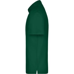 A green polo shirt featuring a collar and a side view showing the sleeve and hem design. It has a logo on it.