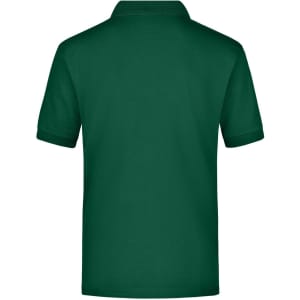 A green polo shirt with a collar and short sleeves, featuring a branding logo on the back.