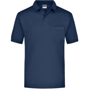 A navy blue polo shirt featuring a pocket and a classic polo collar, with branding on the side.