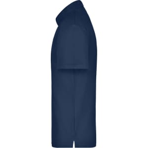 A navy polo shirt displayed from the side, featuring a collar and short sleeves, with a logo on the chest.