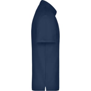 A navy polo shirt with a pocket and a collar, featuring short sleeves and a simple design.