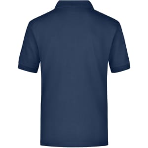 A navy blue polo shirt with a collar and short sleeves, featuring a pocket and a branding logo.