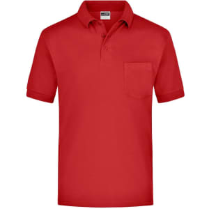 A red polo shirt with a collar and a chest pocket, featuring a logo on the sleeve.