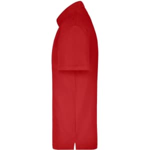 A red polo shirt featuring a pocket, shown from the side, with short sleeves and a collar.