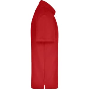 A red polo shirt featuring a classic collar and short sleeves, with a pocket on the front.