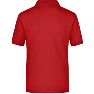 A red polo shirt featuring a pocket and a logo on the chest area. The back view is shown.