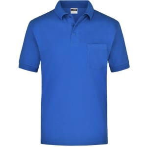 A blue polo shirt with a collar and a chest pocket, featuring a logo.