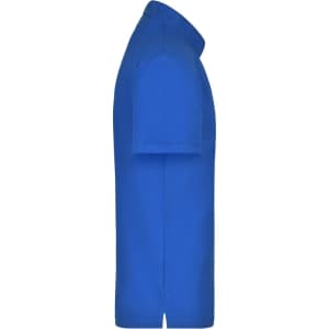 A blue polo shirt with a pocket, featuring a collar and short sleeves, displayed from the side view.