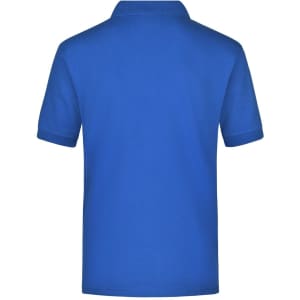 A blue polo shirt with a pocket, featuring a collar and short sleeves. The shirt is displayed from the back.