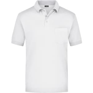 A white polo shirt featuring a collar and a chest pocket, with short sleeves and a branding logo.