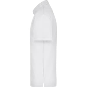 A white polo shirt with a pocket, featuring short sleeves and a classic collar. It has a logo on it.