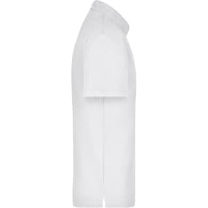 A white polo shirt with a pocket, featuring a collar and short sleeves, has a branding logo on it.