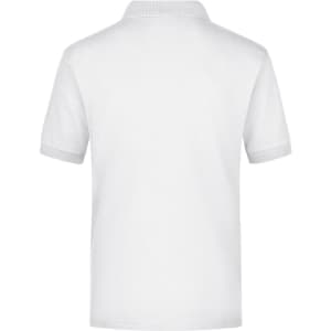 A white polo shirt with a pocket, featuring a classic collar and short sleeves. It has a logo on it.