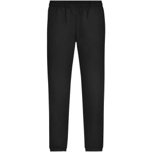 Black men's jogging pants with an elastic waistband and fitted cuffs, featuring a logo.