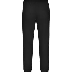 Black mens jogging pants with an elastic waistband and fitted cuffs at the ankles. Features a logo.
