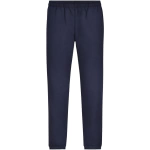Navy men's jogging pants with an elastic waistband and tapered legs. Features a logo on the waistband.