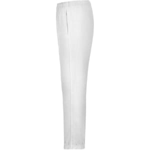 White men's jogging pants featuring a relaxed fit and an elastic waistband. Includes a side pocket and has a logo.