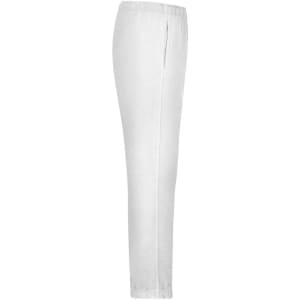 White men's jogging pants with an elastic waistband and side pockets, featuring a logo.