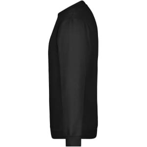 A black sweater with long sleeves, showcasing a simple design and a logo on the front.