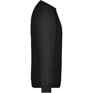 A black round-neck sweater with long sleeves and a side view, featuring a logo on the fabric.