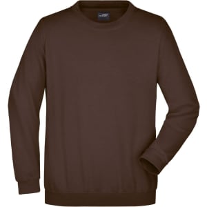 A brown jumper featuring a round neck and long sleeves, with a visible logo on the label.