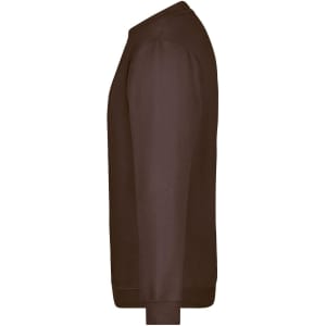 A brown sweater with long sleeves and a crew neckline. It features a logo on the front.