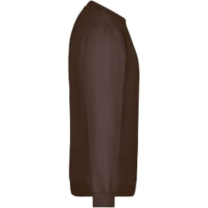 A brown round sweat heavy jumper featuring long sleeves and a crew neck, with a branding logo.