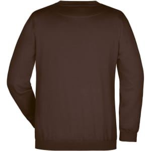 A dark brown jumper with a simple design, featuring a round neckline and long sleeves, with a logo on the back.