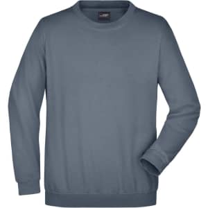 A round-neck, heavy grey jumper with long sleeves and a slightly relaxed fit. It features a logo on the label.