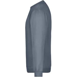 A side view of a grey round sweat heavy jumper displaying its long sleeves and ribbed cuffs. Features a logo.