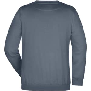 A round-neck sweater in a muted blue shade, featuring a plain back design and cuffs. It has a branded logo.