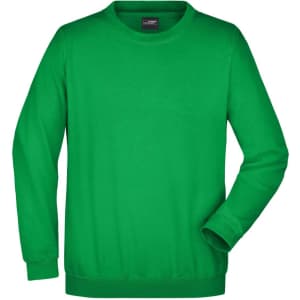 A green crew neck sweatshirt with long sleeves and a ribbed hem. It has a branding logo on the interior label.